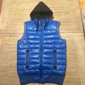 Guess Quilted Down Hooded Puffer Vest | Blue & Black - Size Medium